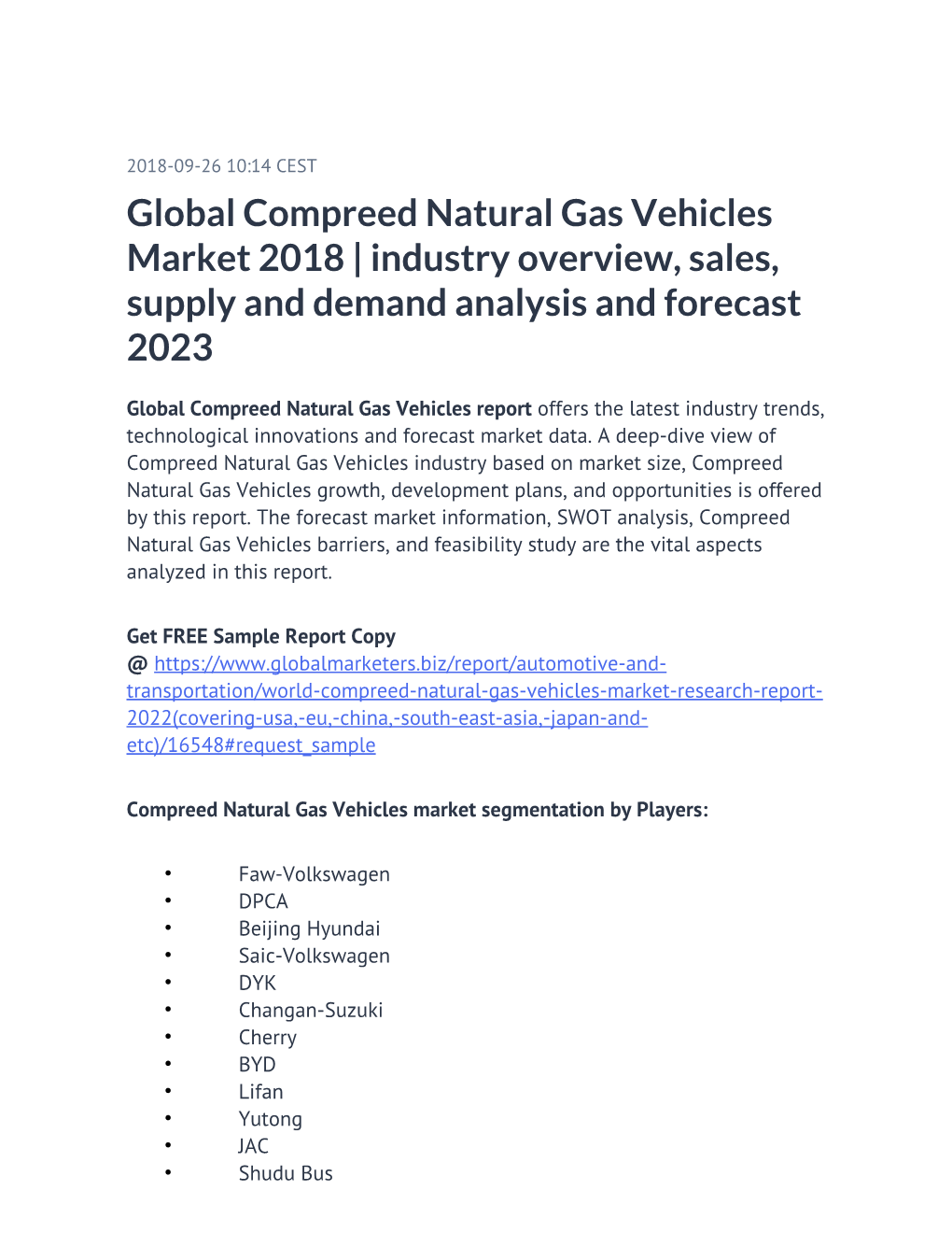Global Compreed Natural Gas Vehicles Market 2018 | Industry Overview, Sales, Supply and Demand Analysis and Forecast 2023