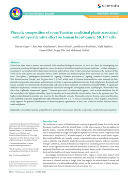 Phenolic Composition of Some Tunisian Medicinal Plants Associated with Anti-Proliferative Effect on Human Breast Cancer MCF-7 Cells