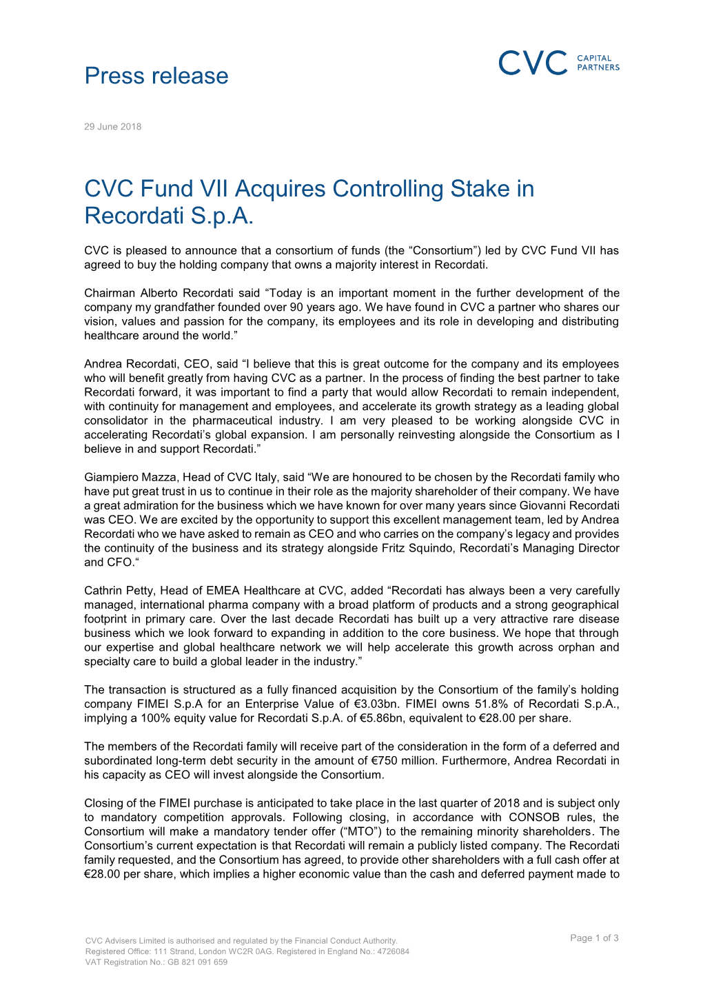 Press Release CVC Fund VII Acquires Controlling Stake in Recordati S.P.A