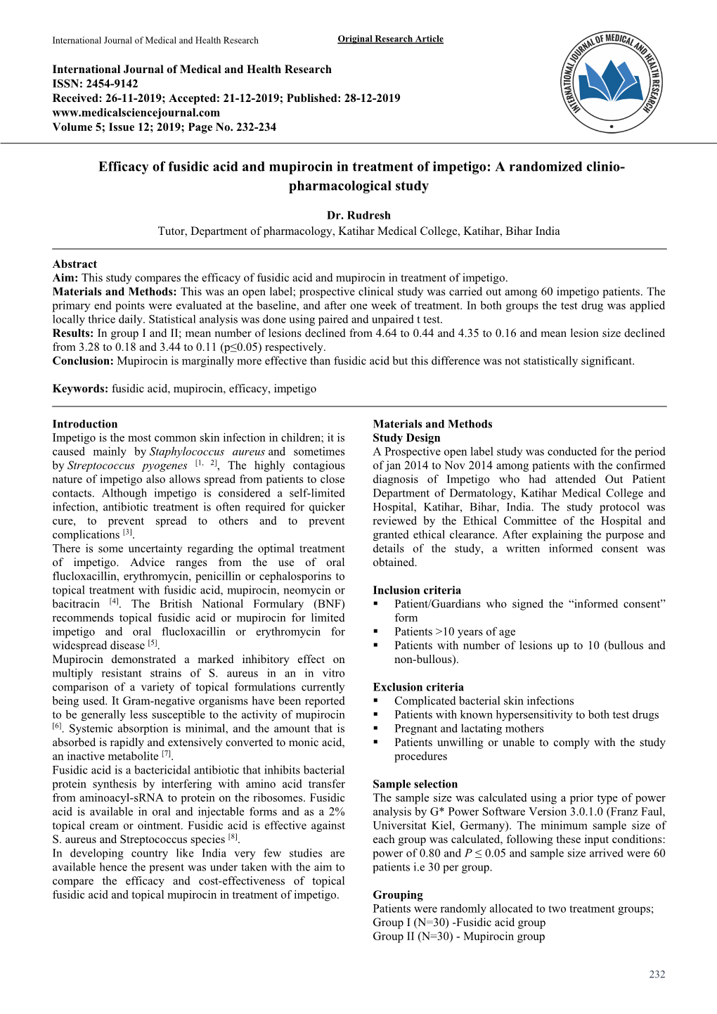 Efficacy of Fusidic Acid and Mupirocin in Treatment of Impetigo: a Randomized Clinio- Pharmacological Study