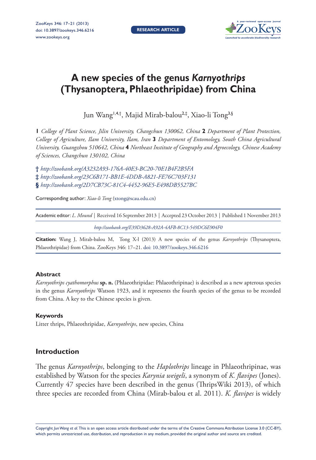 Tong Xl (2013) a New Species of the Genus Karnyothrips (Thysanoptera