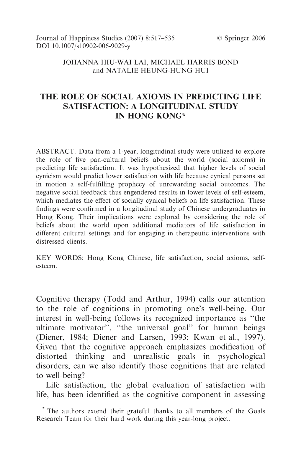 The Role of Social Axioms in Predicting Life Satisfaction: a Longitudinal Study in Hong Kong*