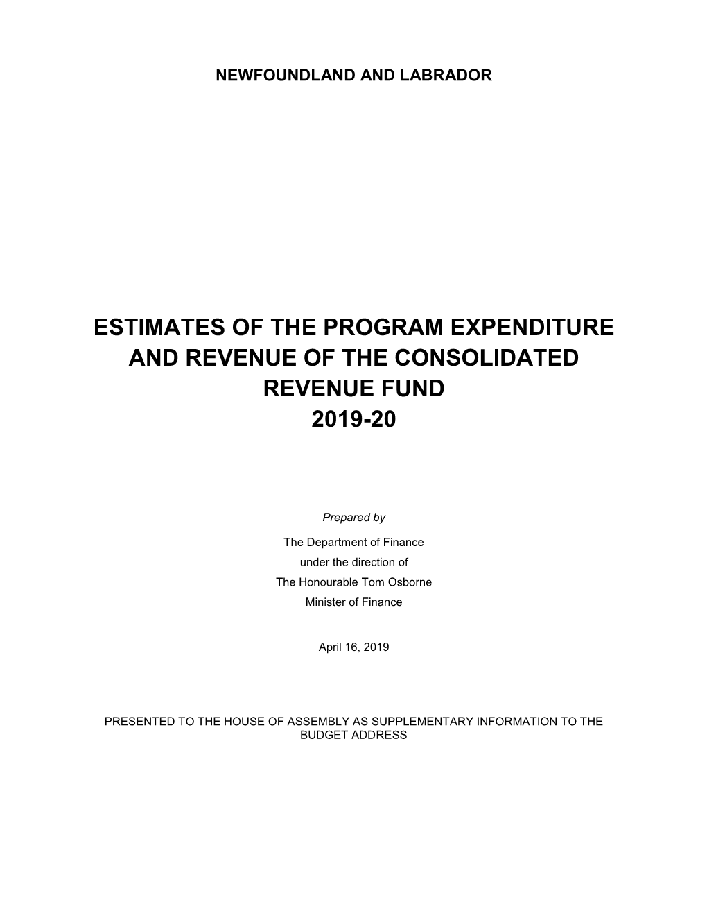 Estimates of the Program Expenditure and Revenue of the Consolidated Revenue Fund 2019-20