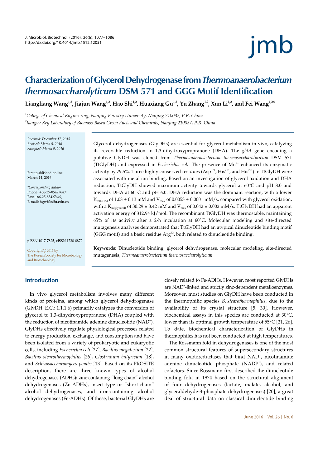 Characterization of Glycerol Dehydrogenase from Thermoanaerobacterium Thermosaccharolyticum DSM 571 and GGG Motif Identification