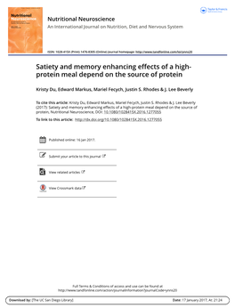 Satiety and Memory Enhancing Effects of a High-Protein Meal Depend on the Source of Protein, Nutritional Neuroscience, DOI: 10.1080/1028415X.2016.1277055