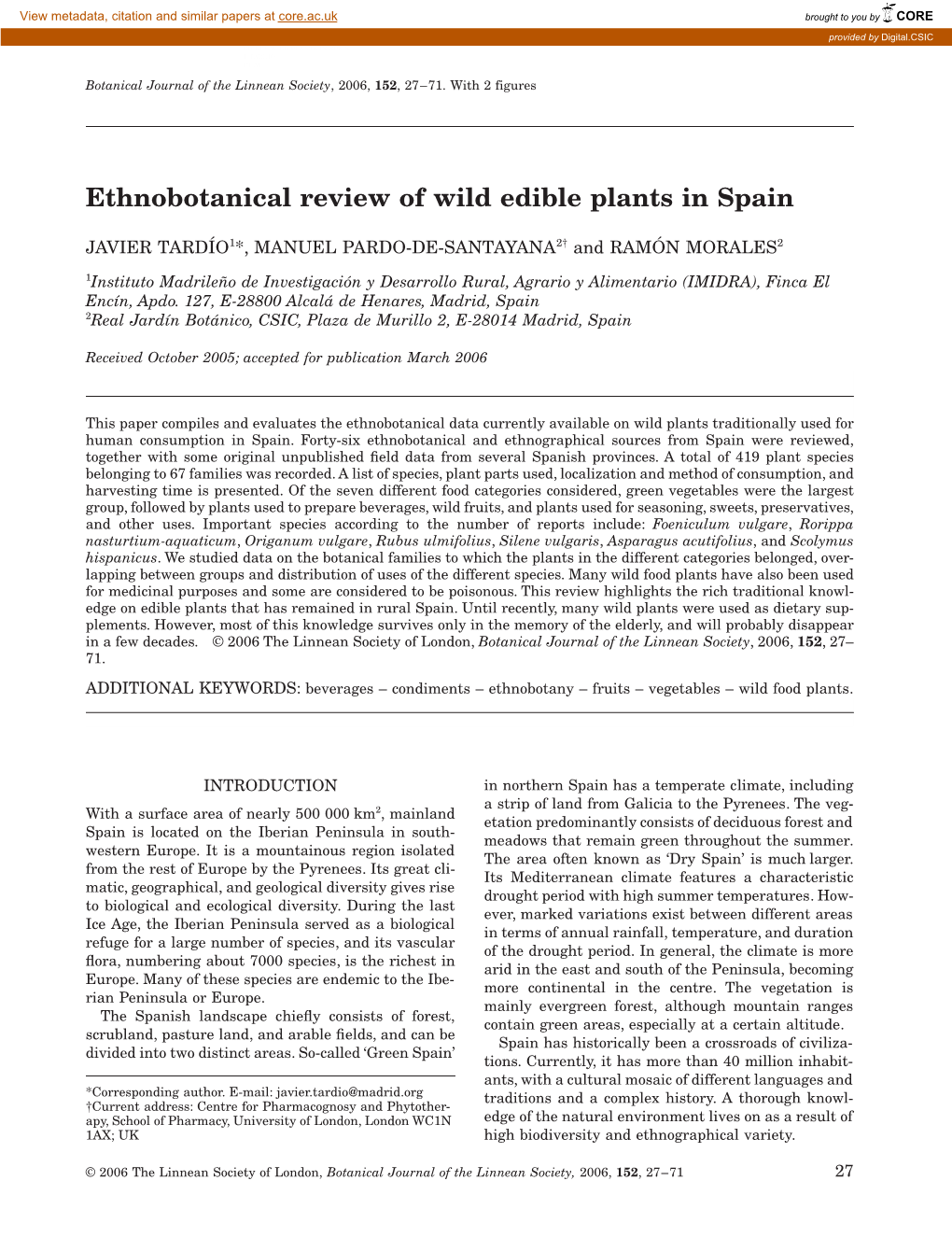 Ethnobotanical Review of Wild Edible Plants in Spain