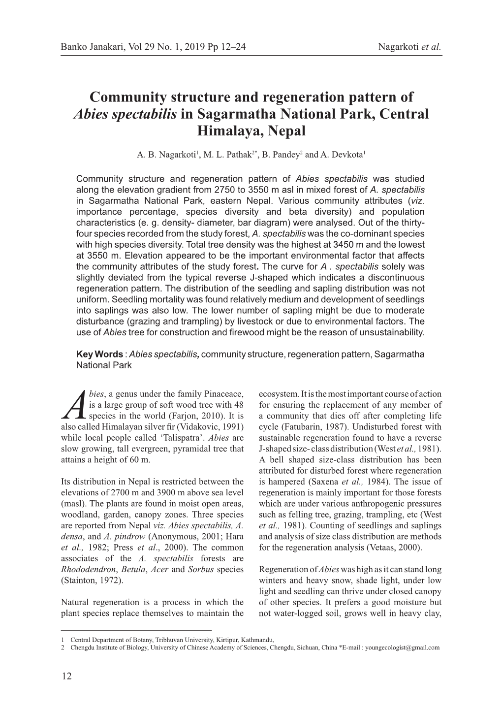 Community Structure and Regeneration Pattern of Abies Spectabilis in Sagarmatha National Park, Central Himalaya, Nepal