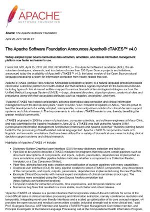 The Apache Software Foundation Announces Apache® Ctakes™ V4.0