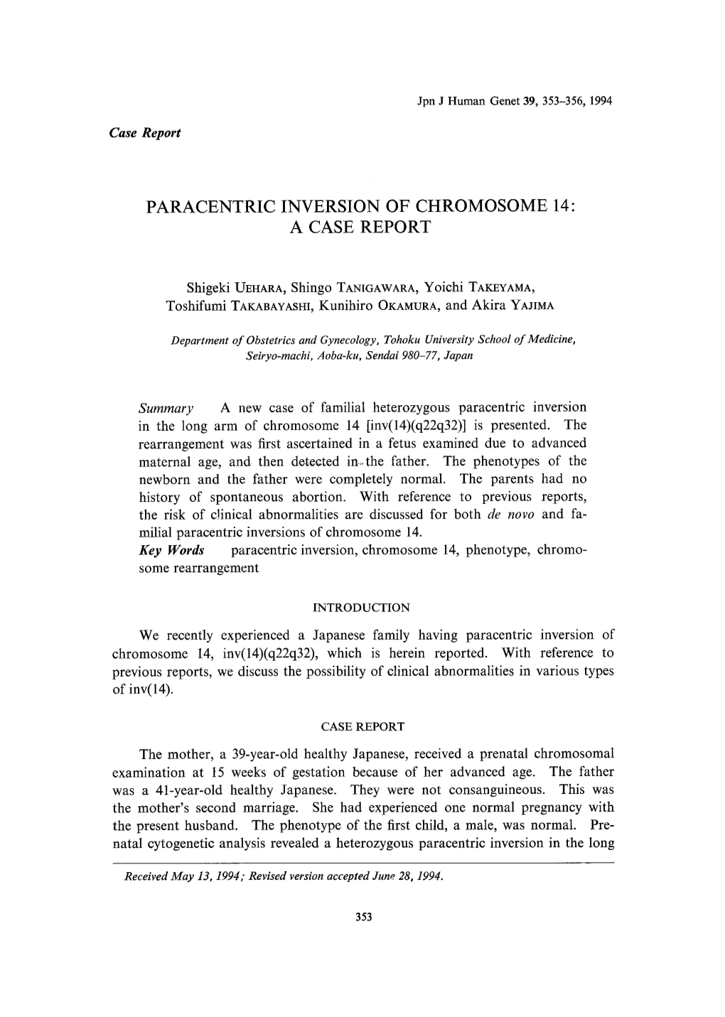 Paracentric Inversion of Chromosome 14: a Case Report