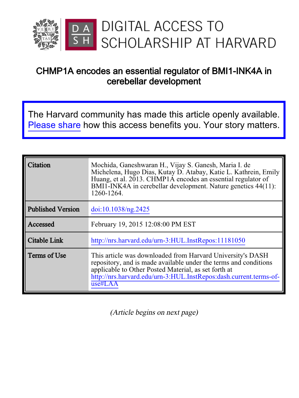 CHMP1A Encodes an Essential Regulator of BMI1-INK4A in Cerebellar Development