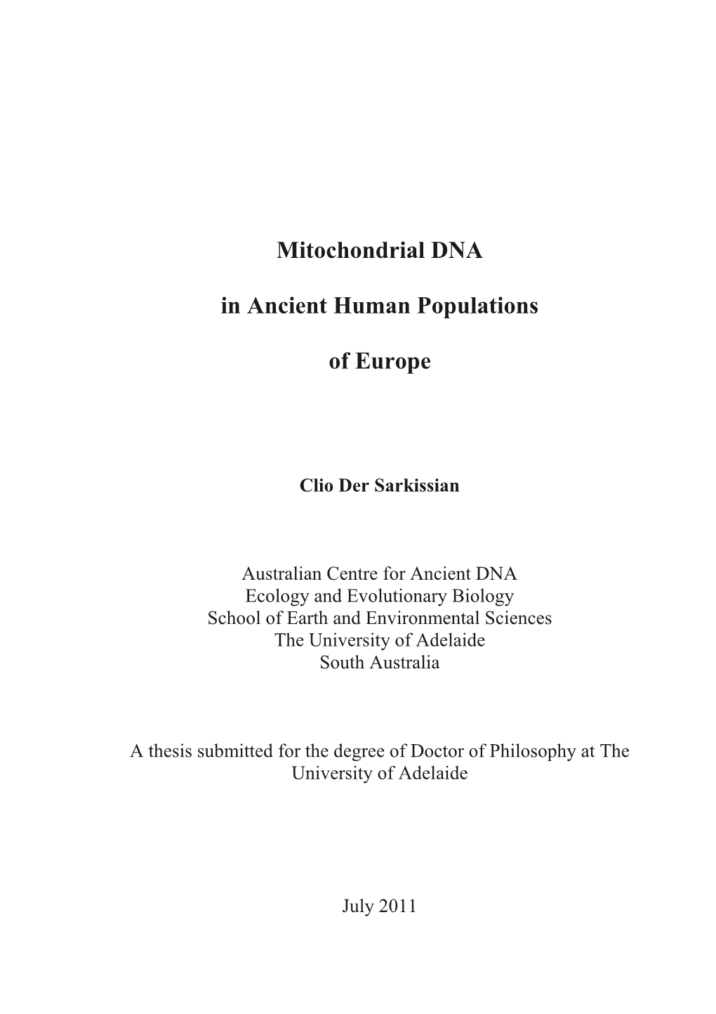 Mitochondrial DNA in Ancient Human Populations of Europe