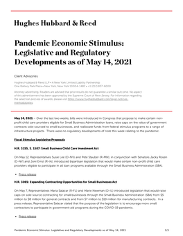 Pandemic Economic Stimulus: Legislative and Regulatory Developments As of May 14, 2021