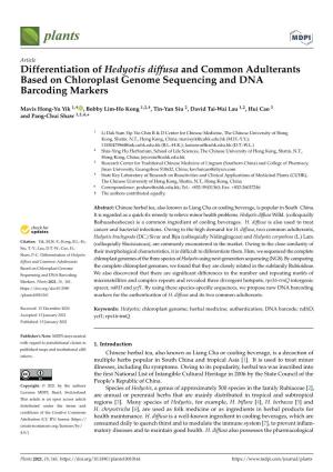 Differentiation of Hedyotis Diffusa and Common Adulterants Based on Chloroplast Genome Sequencing and DNA Barcoding Markers