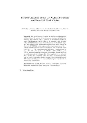 Security Analysis of the GF-NLFSR Structure and Four-Cell Block Cipher