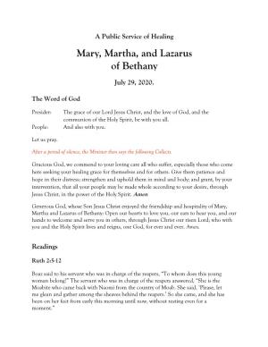 A Public Service of Healing Mary, Martha, and Lazarus of Bethany