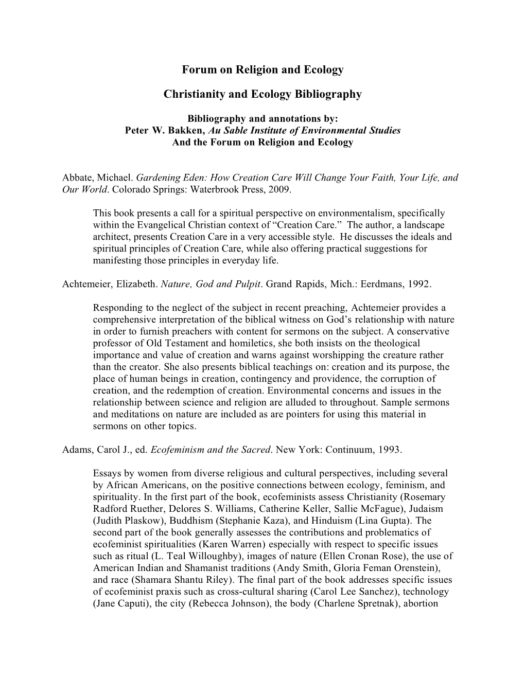 Forum on Religion and Ecology Christianity and Ecology Bibliography