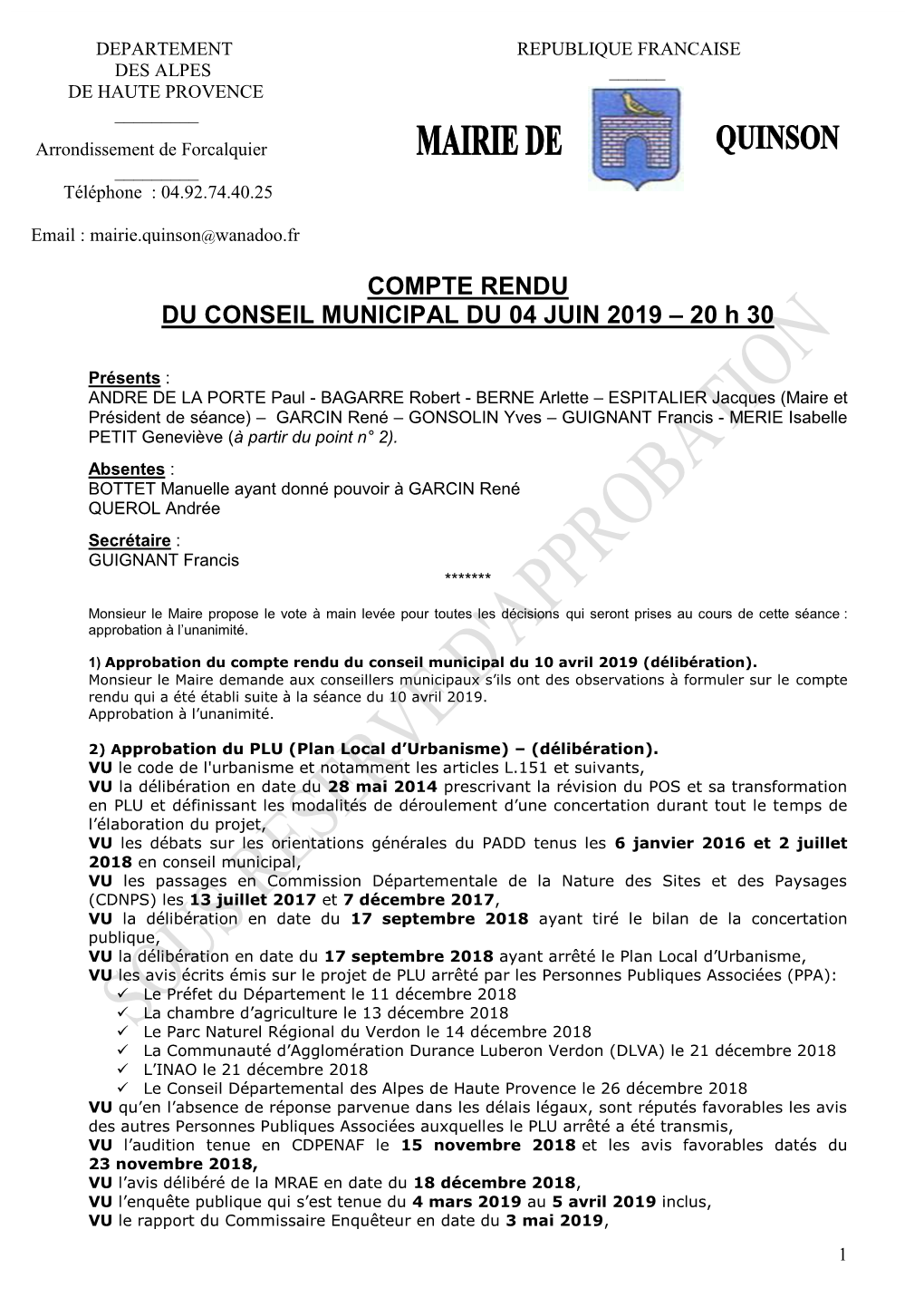 Compte Rendu Du Conseil Municipal Du 04 Juin 2019