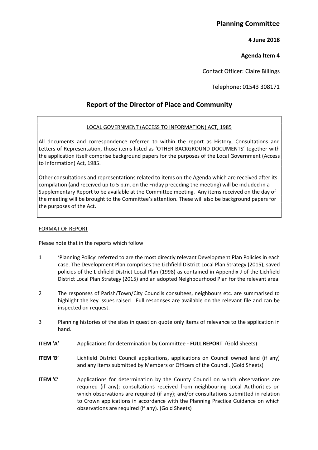 Planning Committee Report of the Director of Place and Community