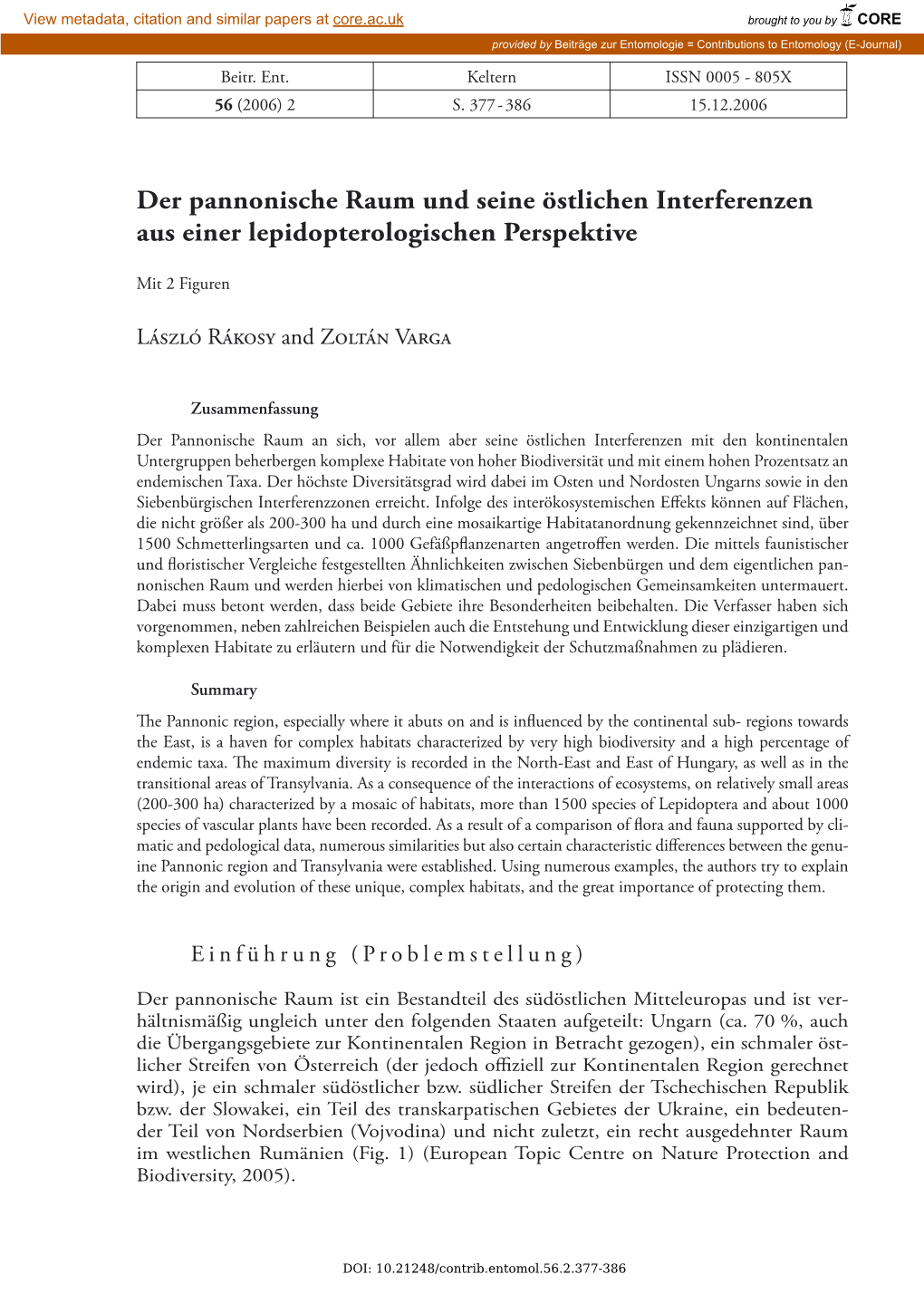 Der Pannonische Raum Und Seine Östlichen Interferenzen Aus Einer Lepidopterologischen Perspektive