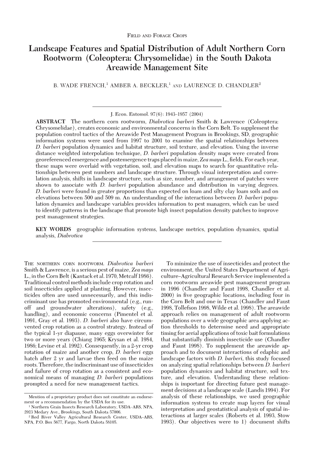 Landscape Features and Spatial Distribution of Adult Northern Corn Rootworm (Coleoptera: Chrysomelidae) in the South Dakota Areawide Management Site