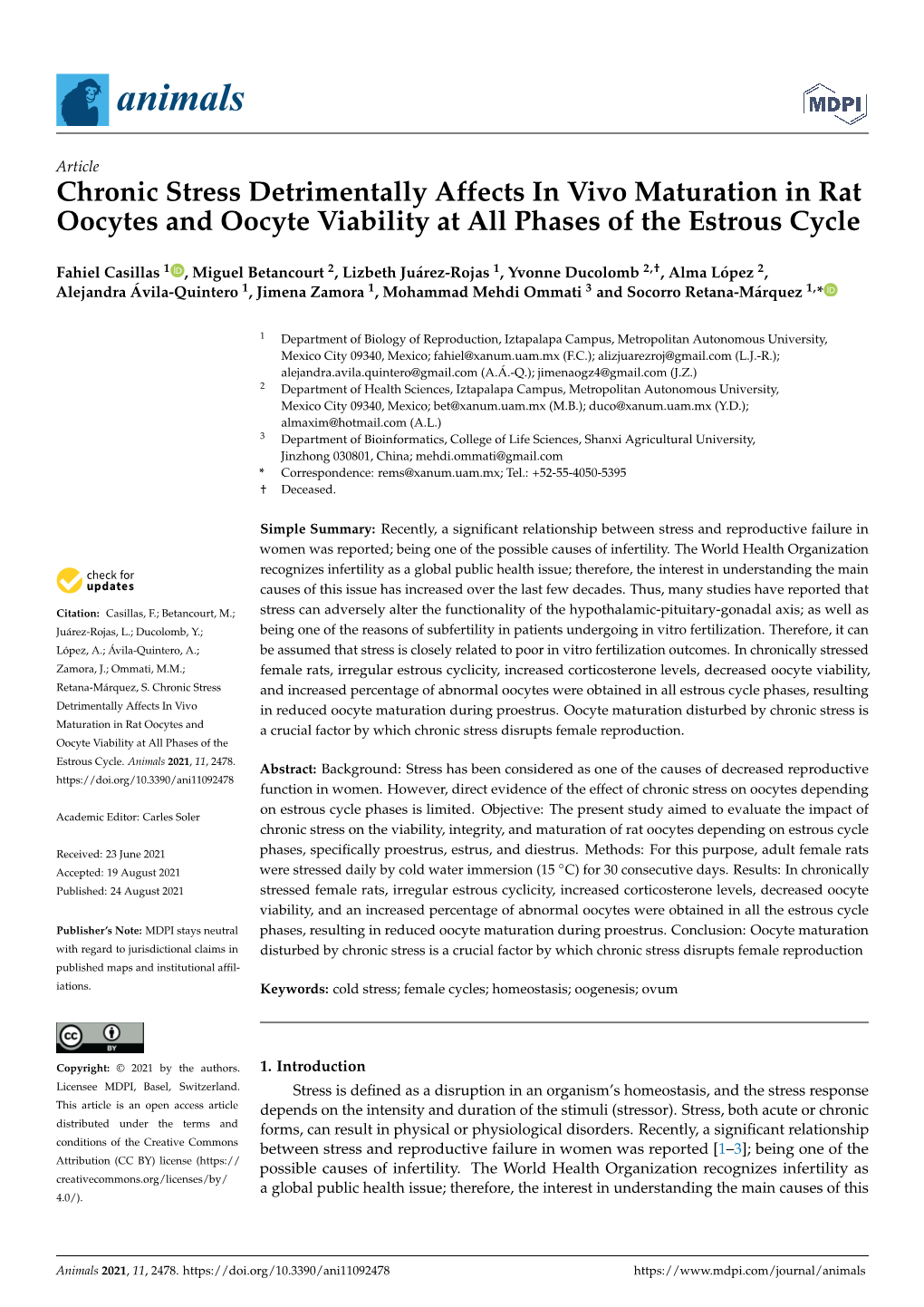 Chronic Stress Detrimentally Affects in Vivo Maturation in Rat Oocytes and Oocyte Viability at All Phases of the Estrous Cycle