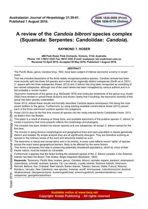A Review of the Candoia Bibroni Species Complex (Squamata: Serpentes: Candoiidae: Candoia)