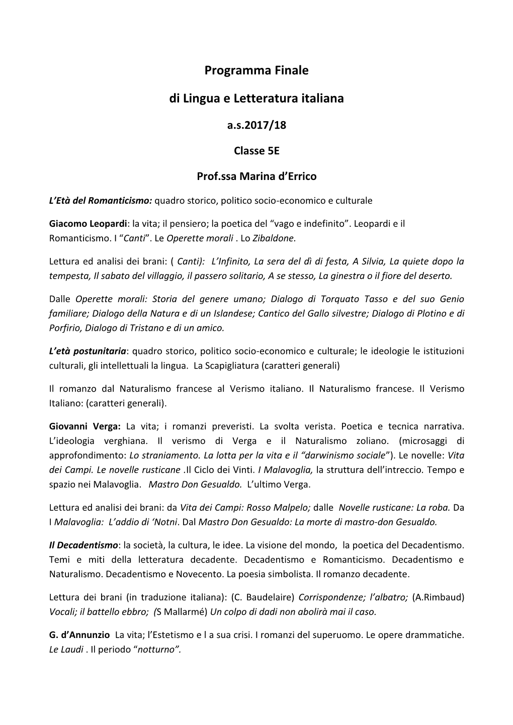 Programma Finale Di Lingua E Letteratura Italiana
