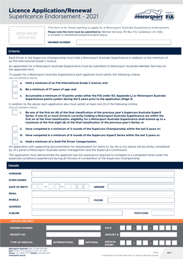 Licence Application/Renewal Superlicence Endorsement - 2021
