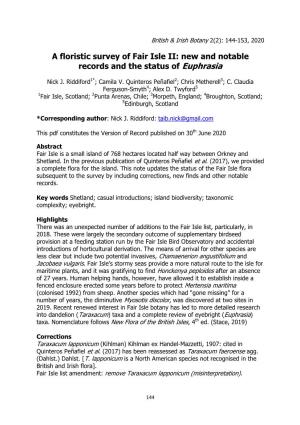 A Floristic Survey of Fair Isle II: New and Notable Records and the Status of Euphrasia