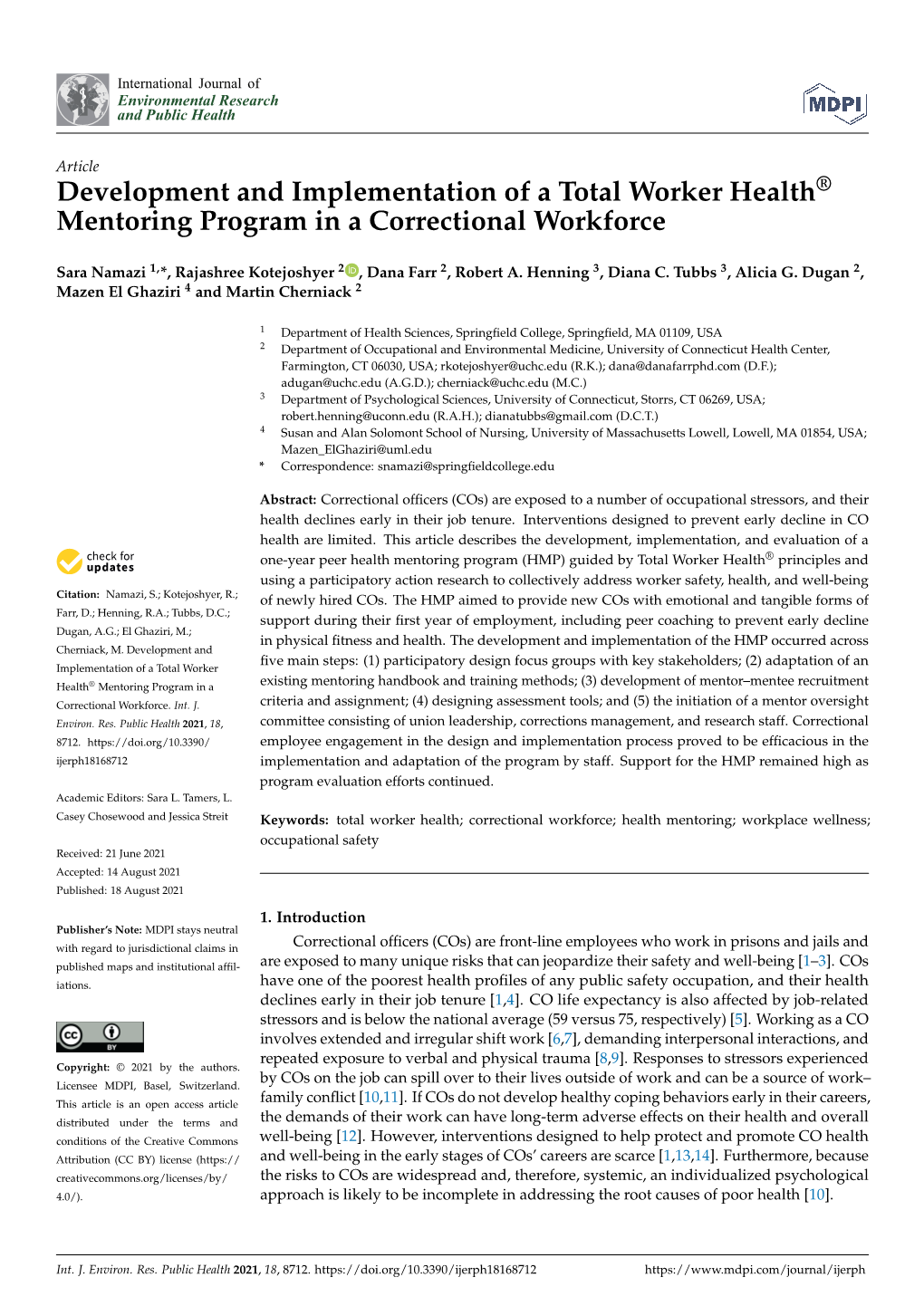 Development and Implementation of a Total Worker Health® Mentoring Program in a Correctional Workforce