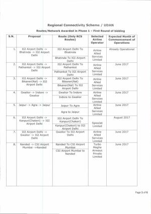 Regional Connectivity Scheme / UDAN Routes/Network Awarded in Phase 1 - First Round of Bidding S.N