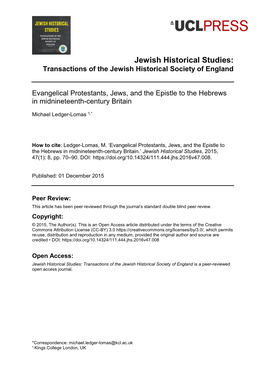 Evangelical Protestants, Jews, and the Epistle to the Hebrews in Midnineteenth-Century Britain