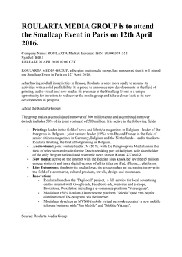 ROULARTA MEDIA GROUP Is to Attend the Smallcap Event in Paris on 12Th April 2016