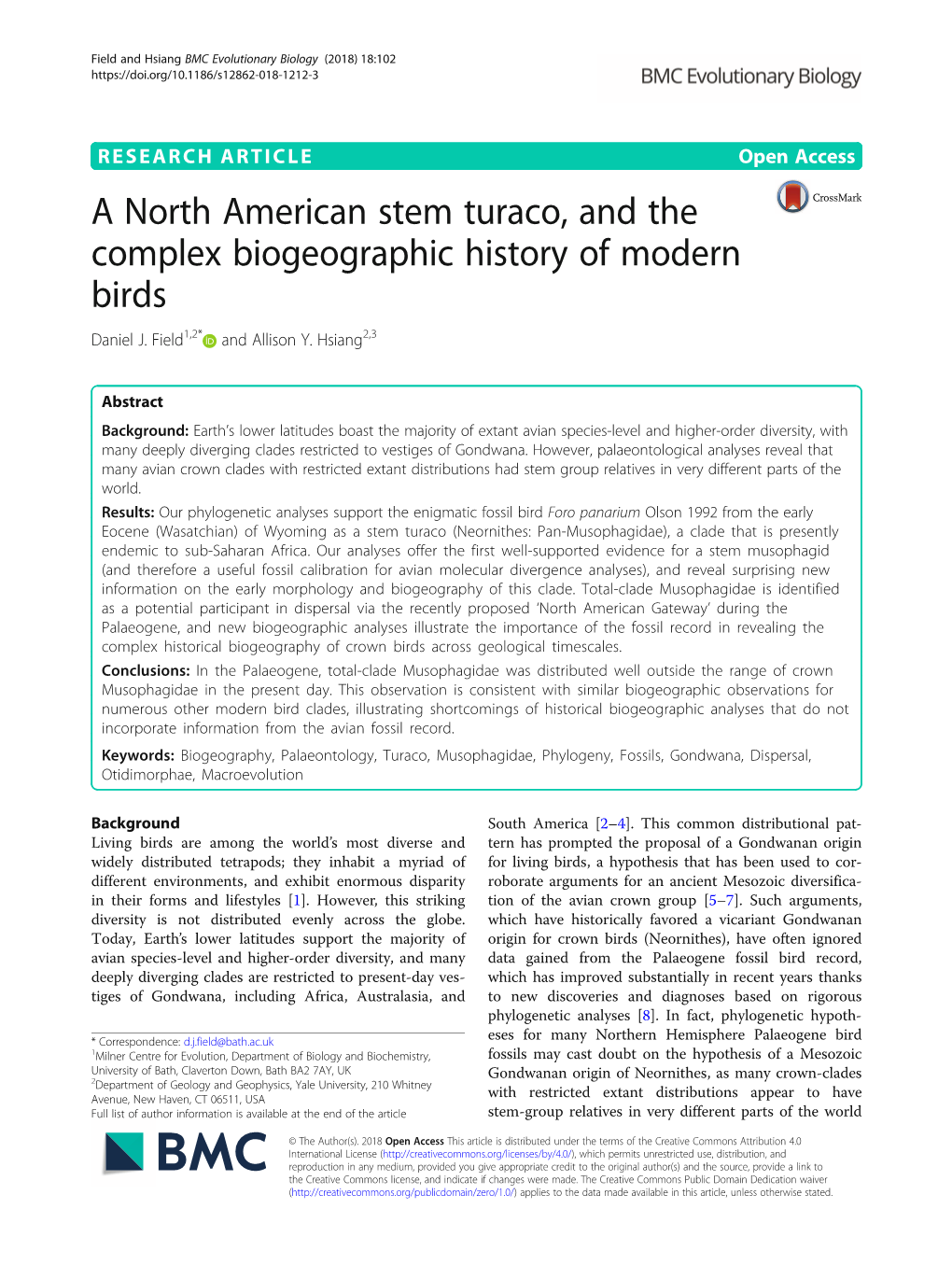 A North American Stem Turaco, and the Complex Biogeographic History of Modern Birds Daniel J