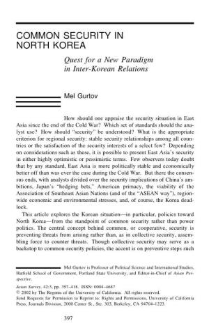 Common Security in North Korea: Quest for a New Paradigm in Inter