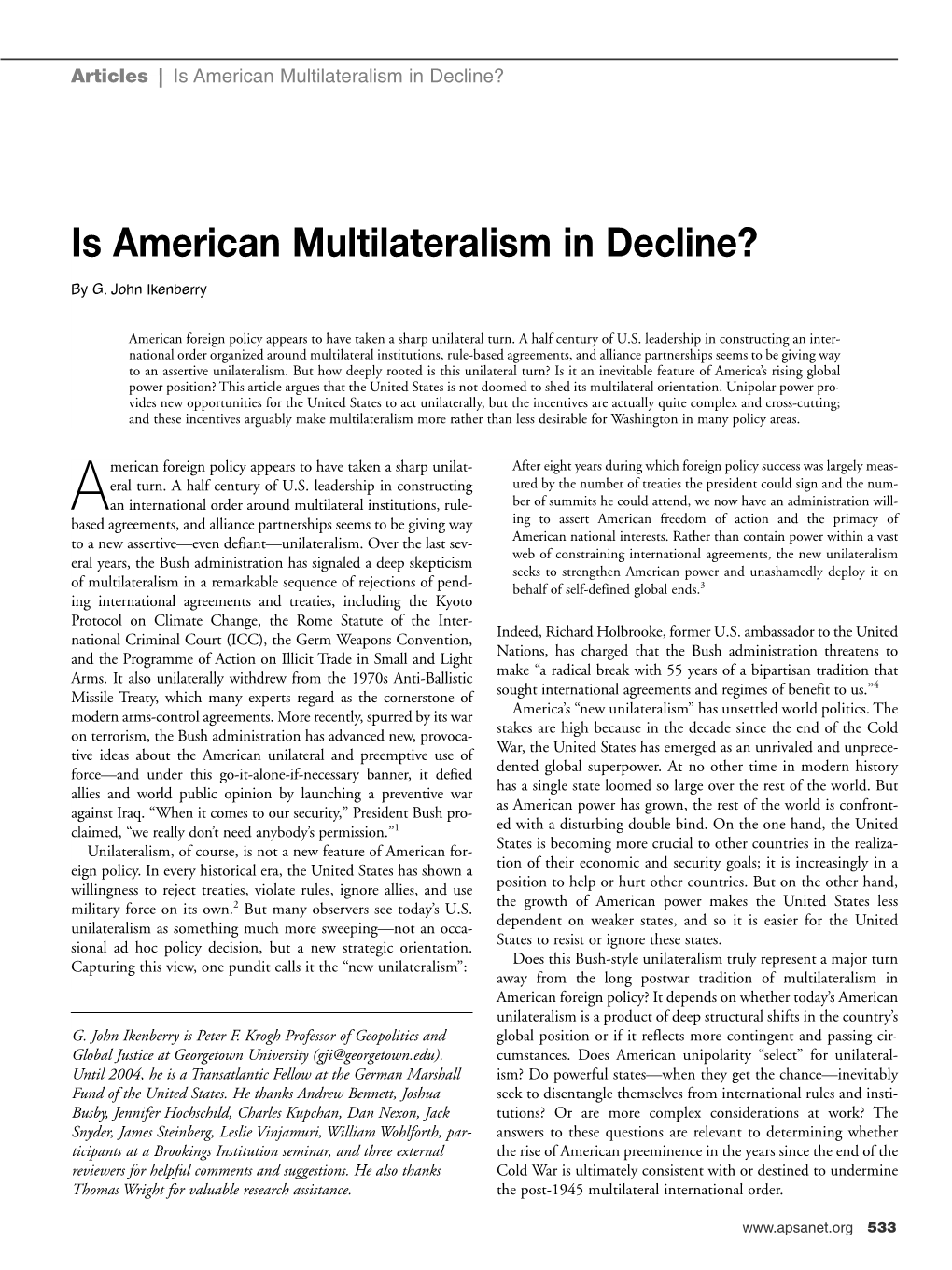 Is American Multilateralism in Decline?