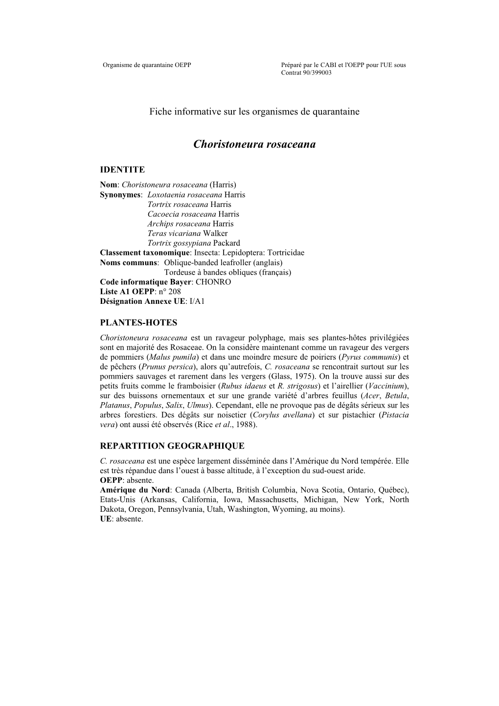 Organisme De Quarantaine OEPP Préparé Par Le CABI Et L'oepp Pour L'ue Sous Contrat 90/399003