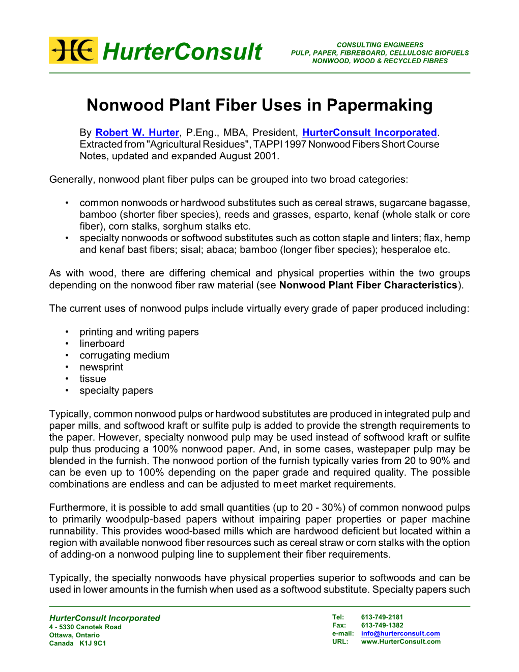 Nonwood Plant Fiber Uses in Papermaking