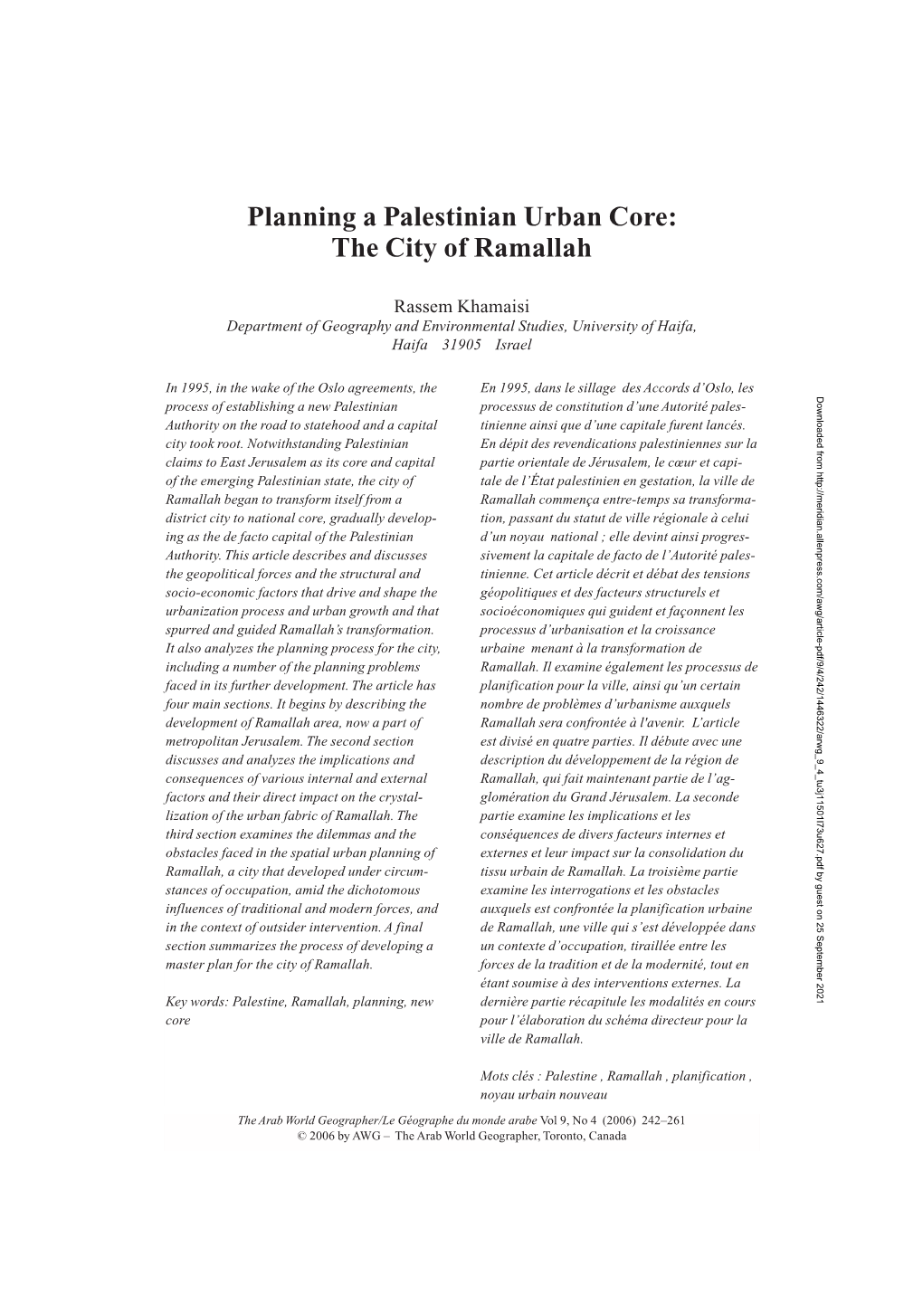 Planning a Palestinian Urban Core: the City of Ramallah