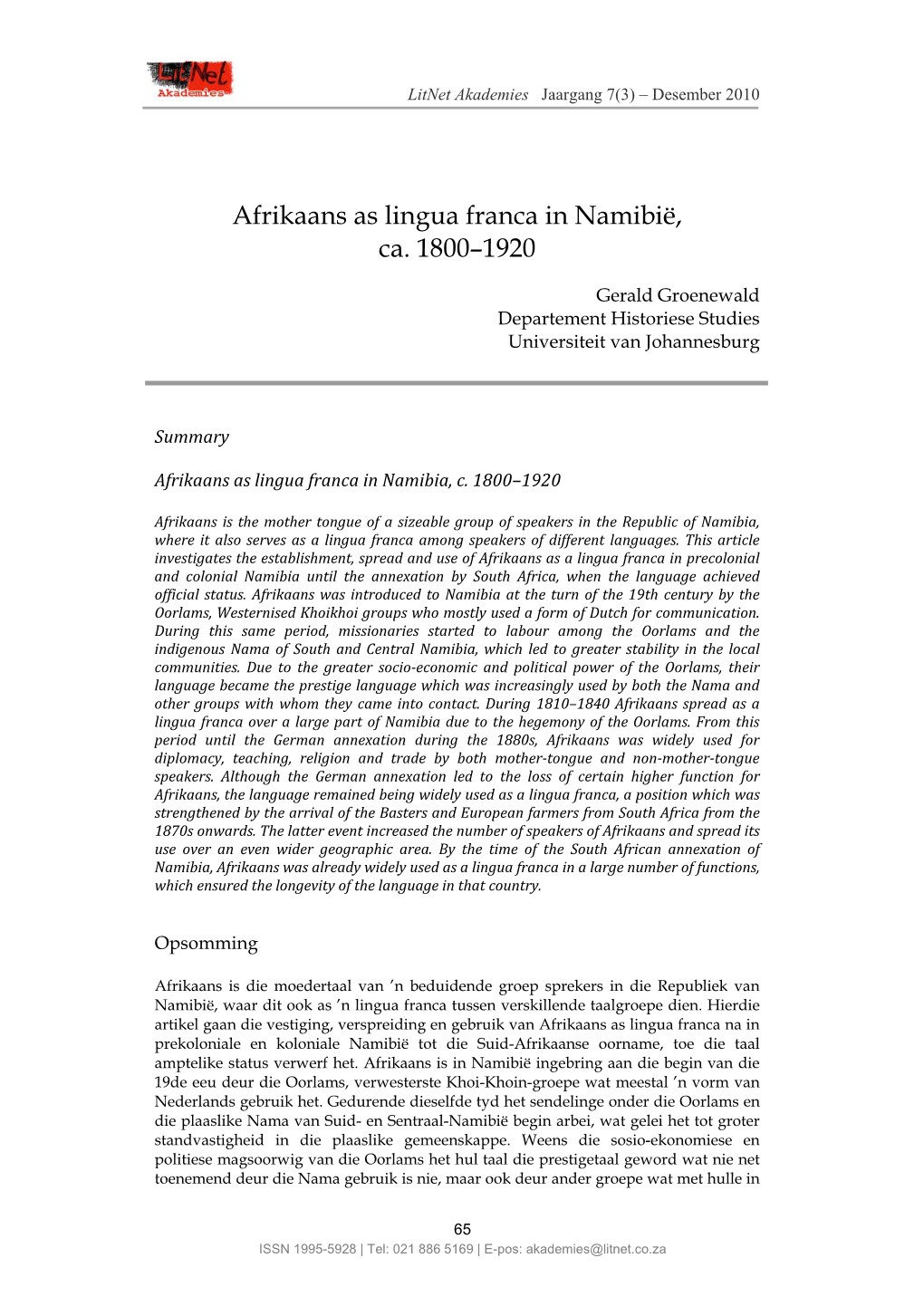 Afrikaans As Lingua Franca in Namibië, Ca. 1800–1920