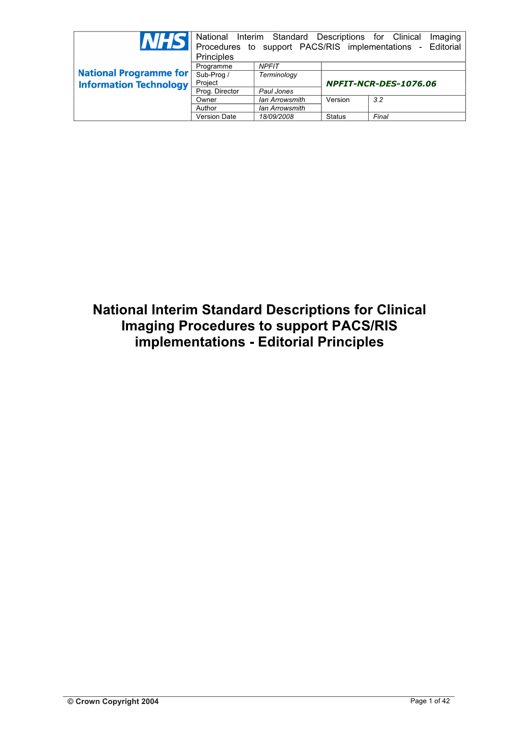 National Interim Standard Descriptions for Clinical Imaging
