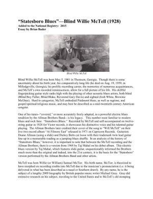 “Statesboro Blues”—Blind Willie Mctell (1928) Added to the National Registry: 2015 Essay by Brian Bader