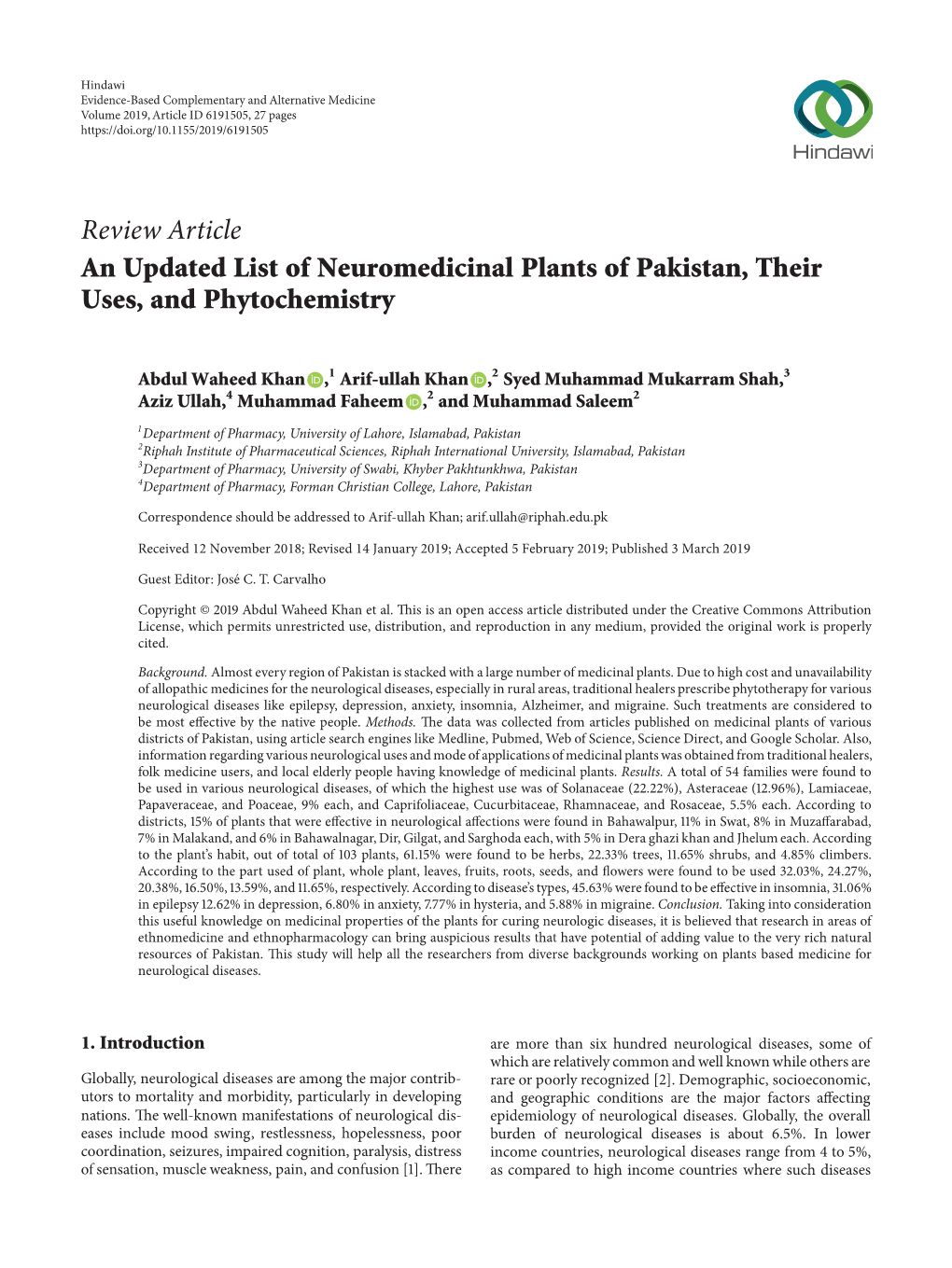An Updated List of Neuromedicinal Plants of Pakistan, Their Uses, and Phytochemistry