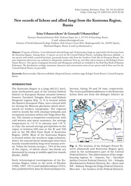 New Records of Lichens and Allied Fungi from the Kostroma Region, Russia