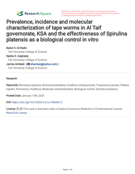 Prevalence, Incidence and Molecular Characterization of Tape Worms in Al
