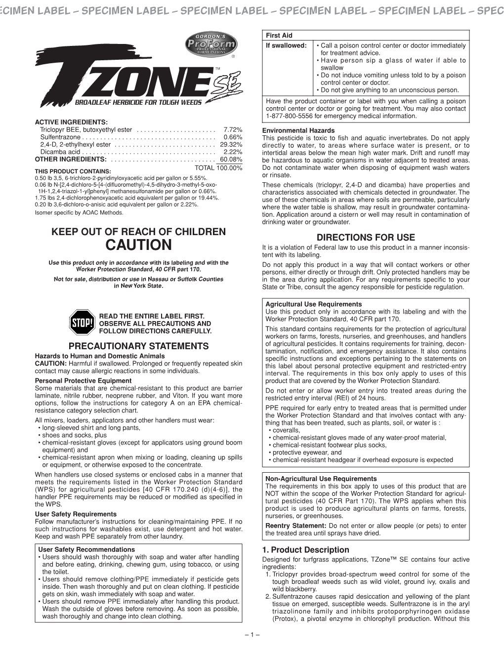 Tzone SE Specimen Label
