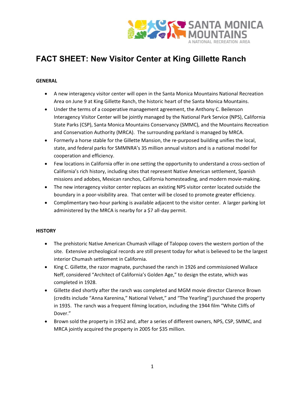 FACT SHEET: New Visitor Center at King Gillette Ranch