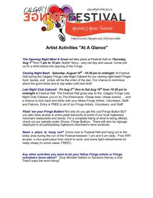 Artist Activities "At a Glance"