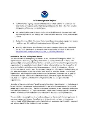 Management Report for 82 Corals Status Review Under the Endangered Species Act