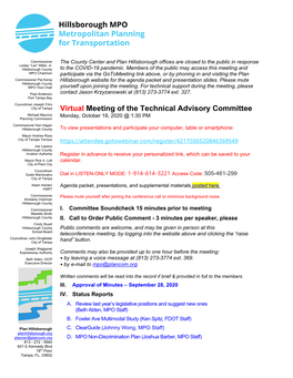 Virtual Meeting of the Technical Advisory Committee Michael Maurino Monday, October 19, 2020 @ 1:30 PM Planning Commission